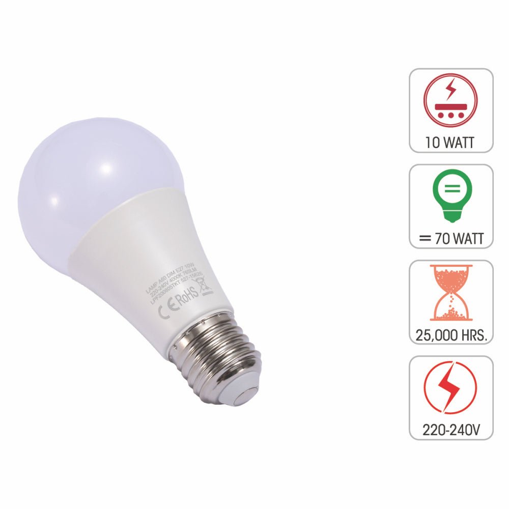 Technical specification of  virgo led gls bulb a60 dimmable e27 edison screw 10w 4000k cool white pack of 2