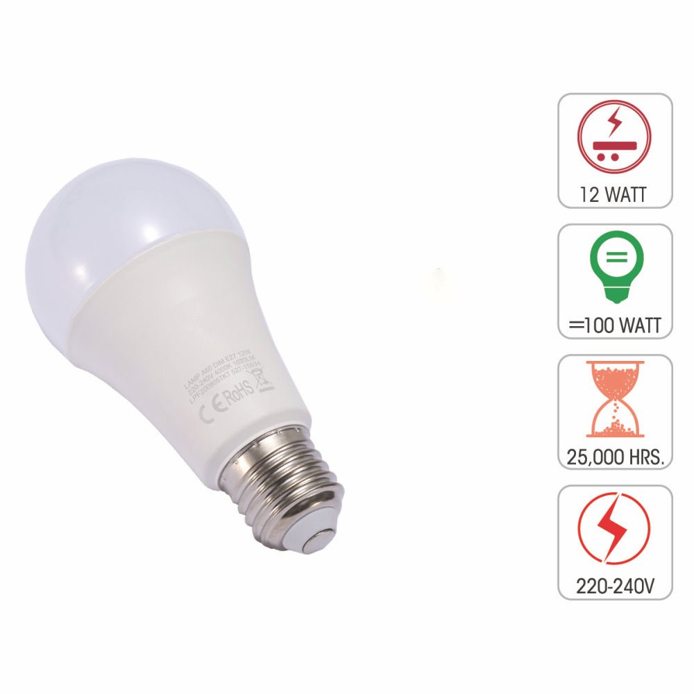 Technical specification of  virgo led gls bulb a60 dimmable e27 edison screw 12w 4000k cool white pack of 2