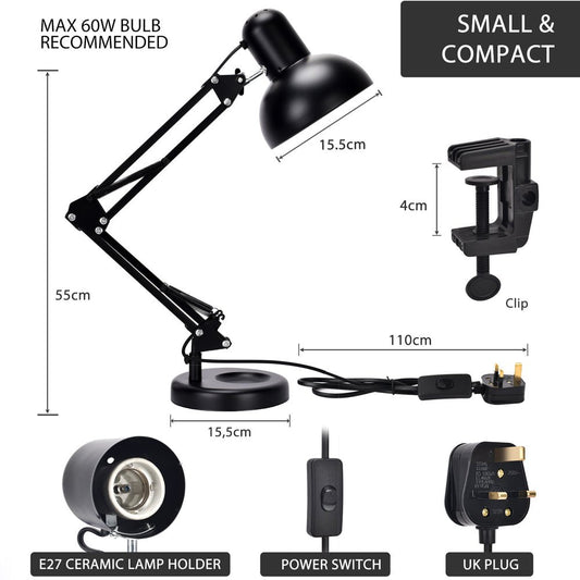 Black adjustable desk lamp with measurements. Features a clip, power switch, and UK plug.