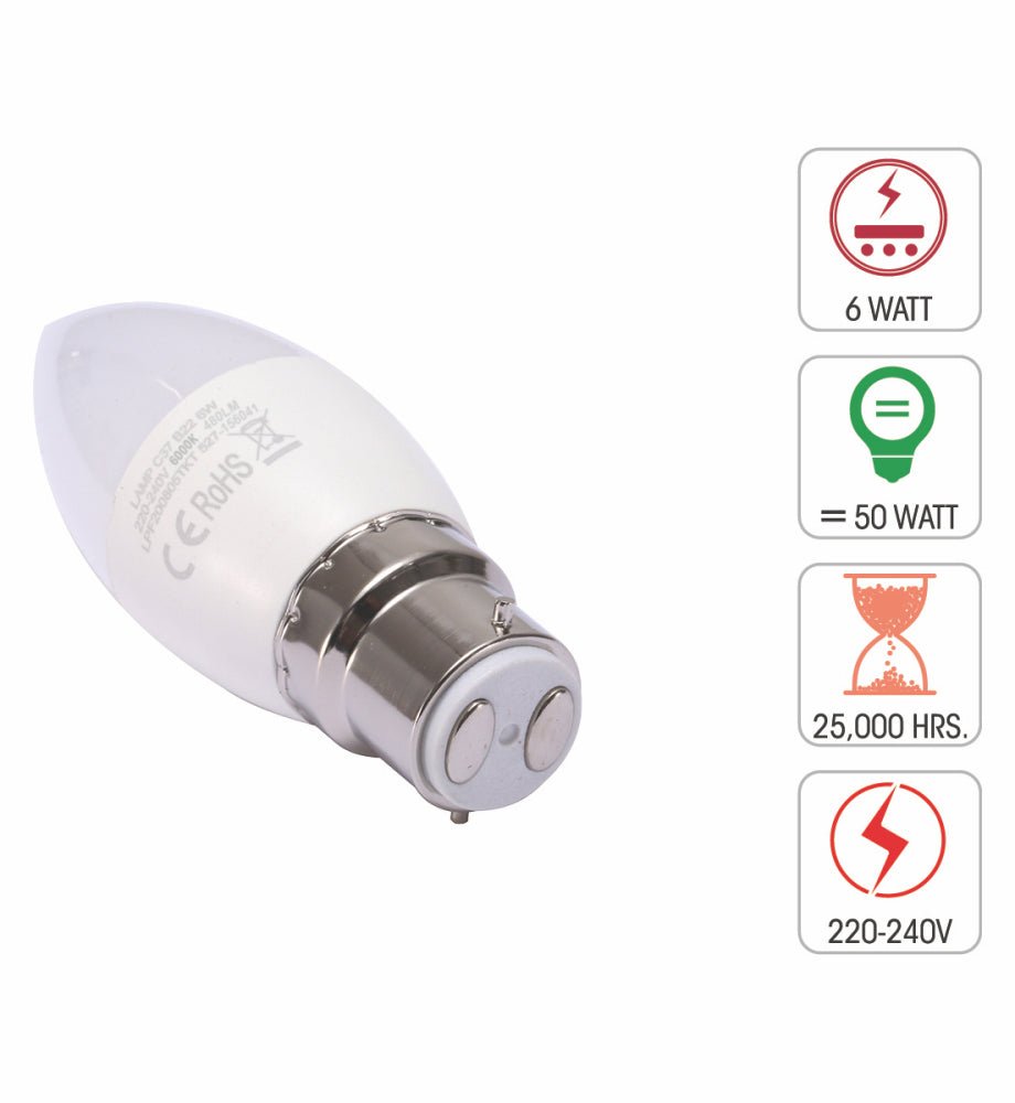 Technical specifications of Cetus LED Candle Bulb C37 Dimmable B22 Bayonet Cap 6W Cool Daylight 6000K Pack of 6