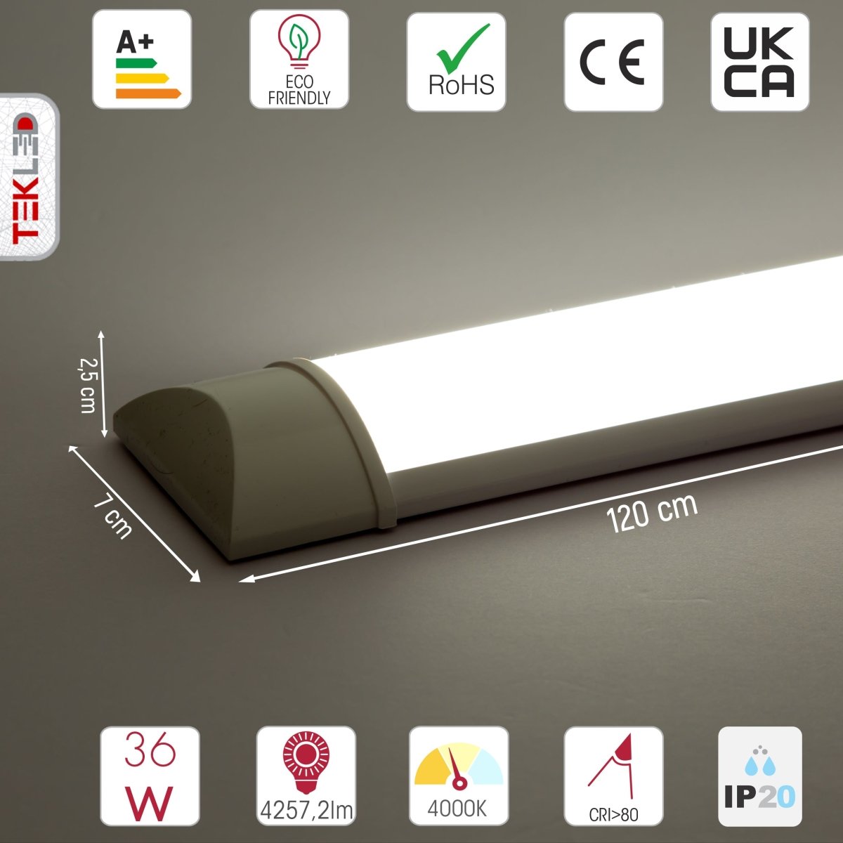 Technical specs and measurements for LED Surface Mounted Linear Fitting 36W 4000K Cool White IP20 120cm 4ft