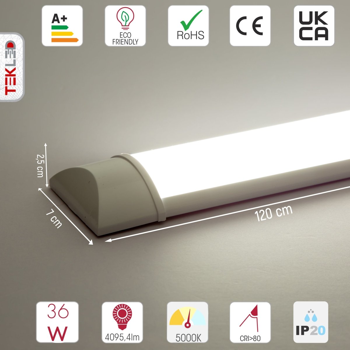 Technical specs and measurements for LED Surface Mounted Linear Fitting 36W 5000K Cool White IP20 120cm 4ft