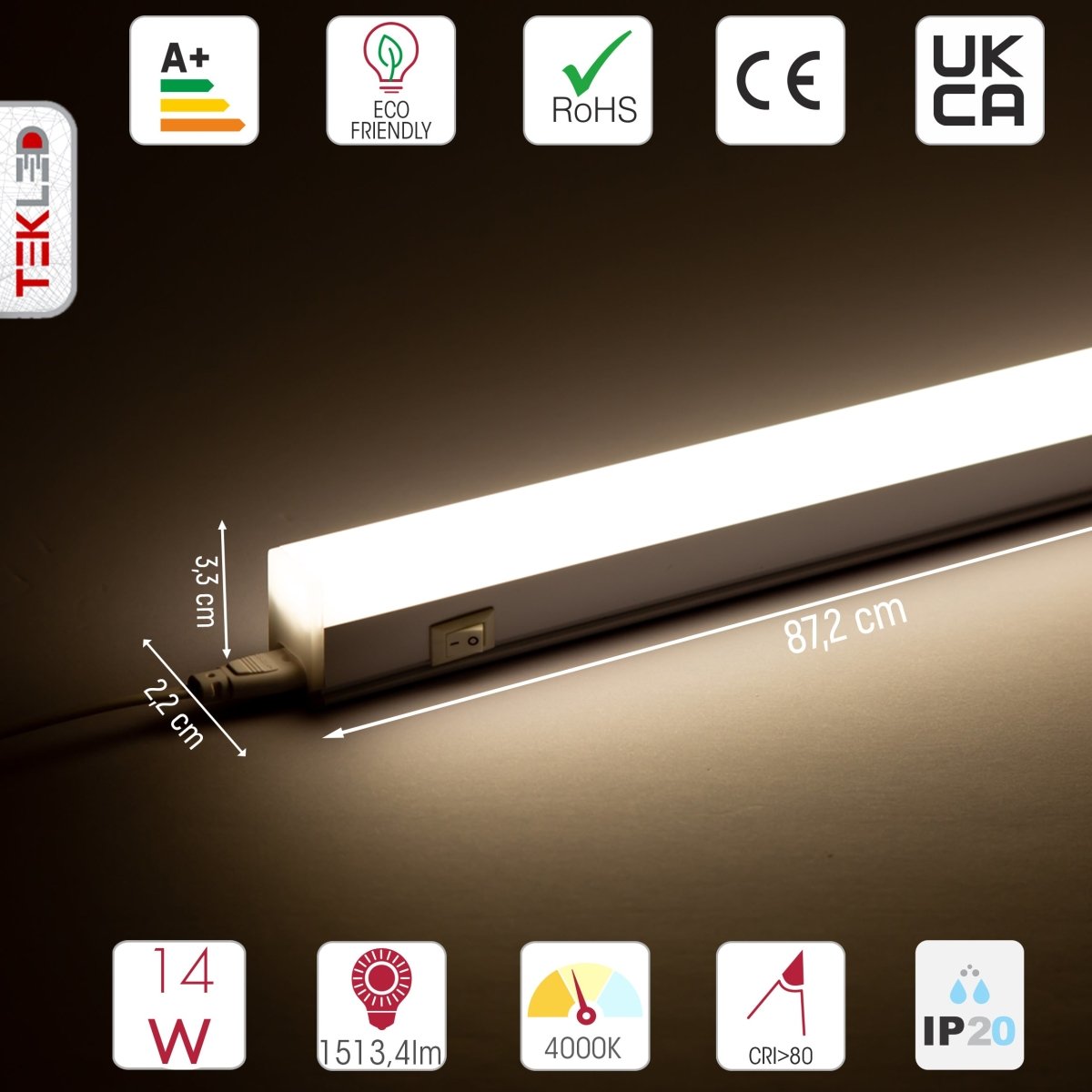 Technical specs and measurements for LED T5 Under Cabinet Link Light 14W 4000K Cool White IP20 with switch 872mm 3ft