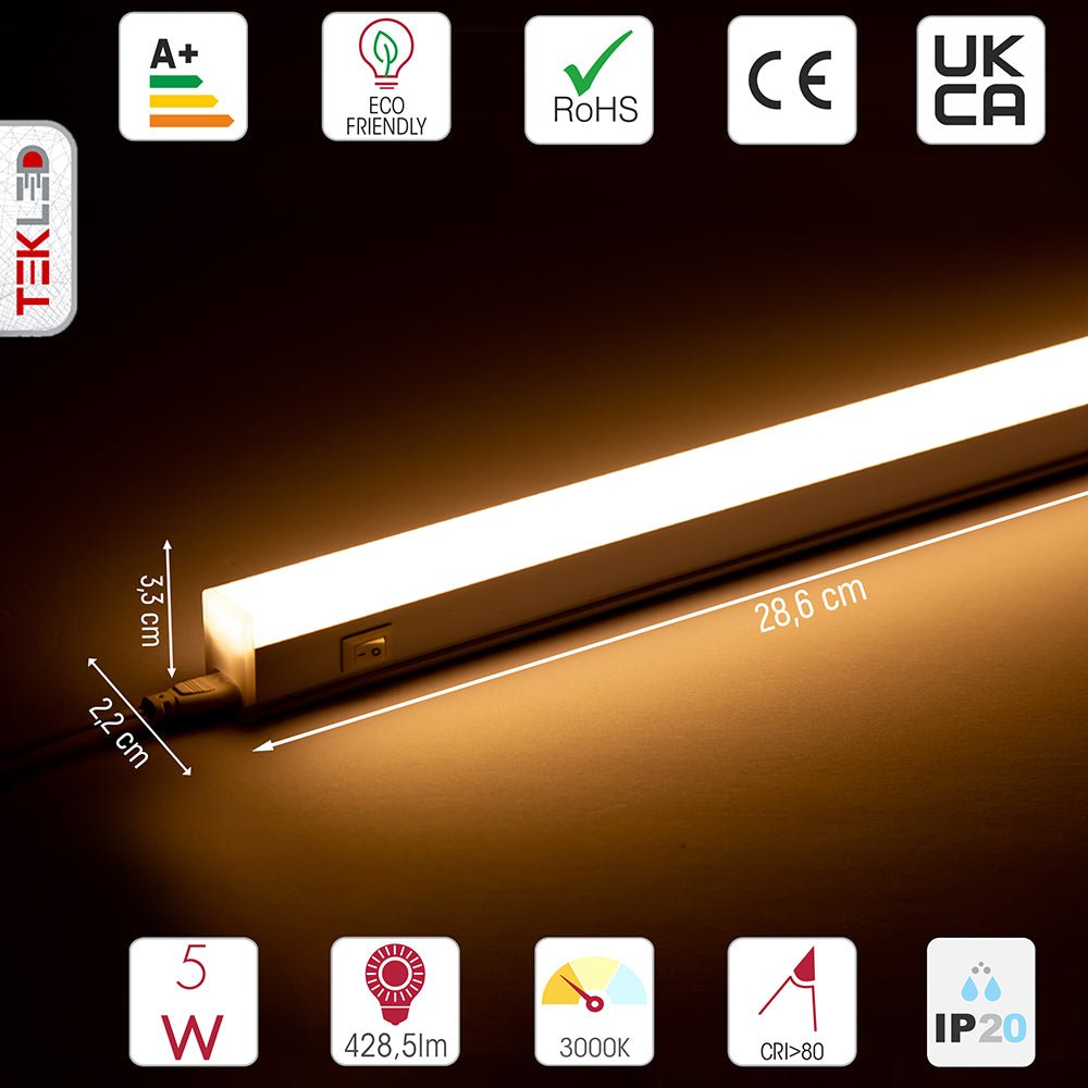 Technical specs and measurements for LED T5 Under Cabinet Link Light 5W 3000K Warm White IP20 with switch 286mm 1ft
