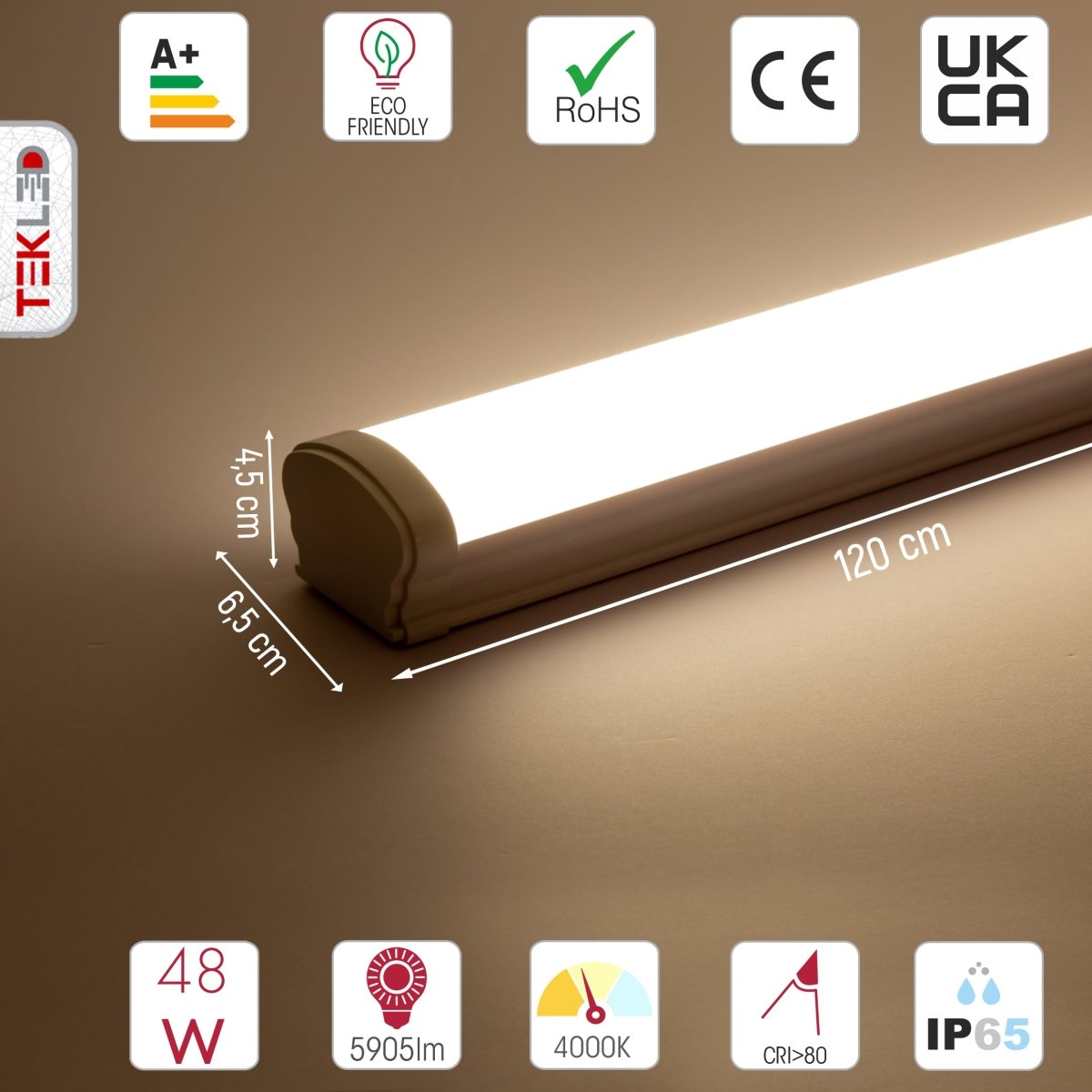 Technical specs and measurements for LED Tri-proof Batten Linear Fitting 48W 4000K Cool White IP65 120cm 4ft