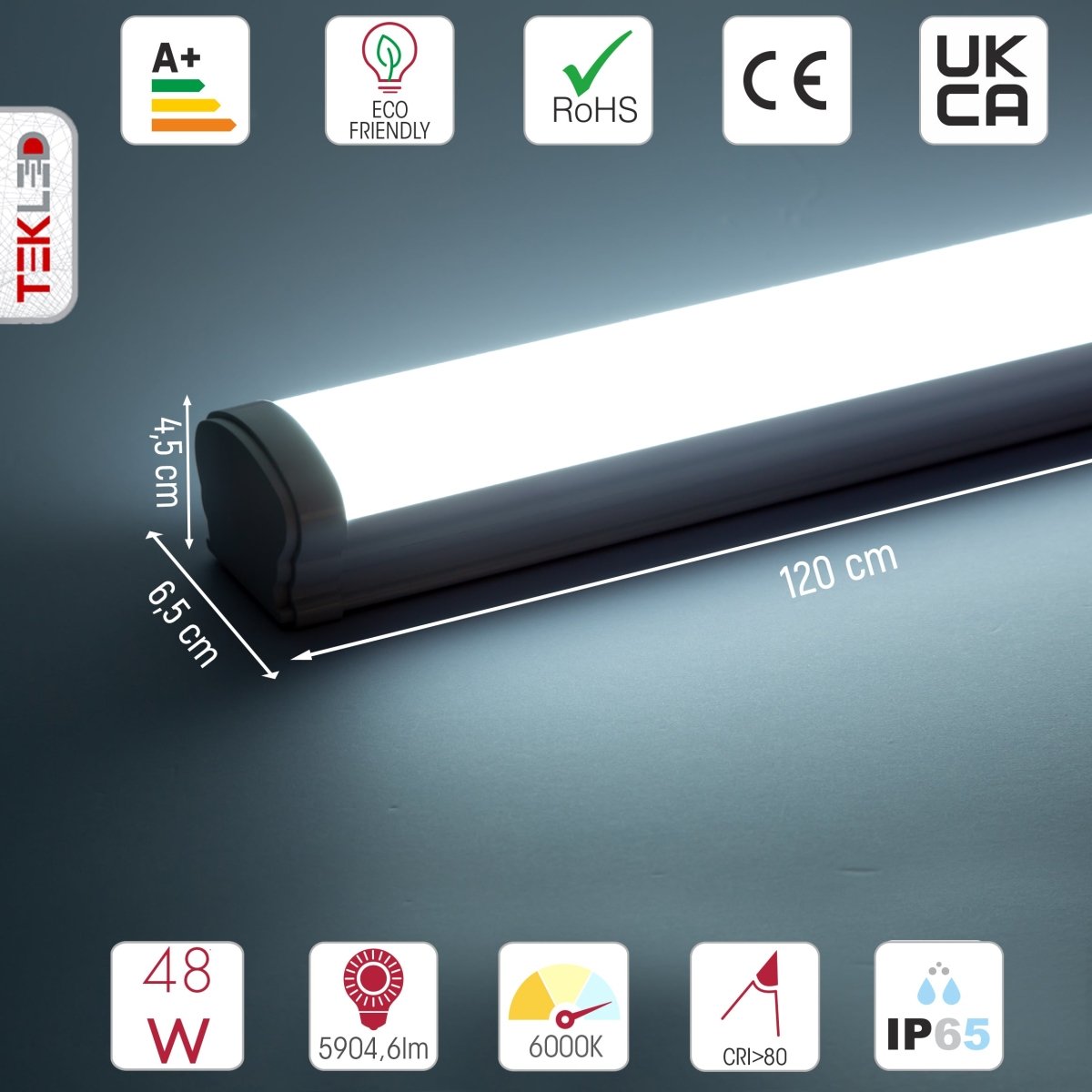 Technical specs and measurements for LED Tri-proof Batten Linear Fitting 48W 6500K Cool Daylight IP65 120cm 4ft