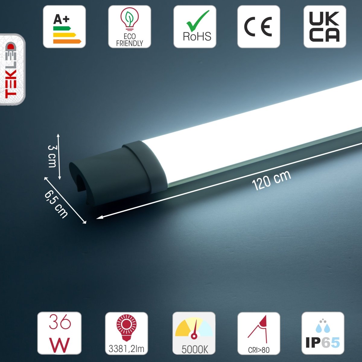 Technical specs and measurements for LED Tri-proof Slim Batten Linear Fitting 36W 5000K Cool White IP65 120cm 4ft