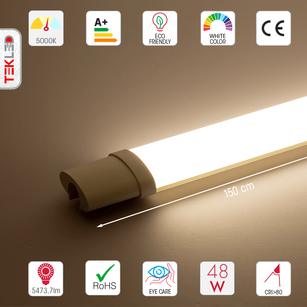 Technical specs and measurements for LED Tri-proof Slim Batten Linear Fitting 48W 5000K Cool White IP65 150cm 5ft