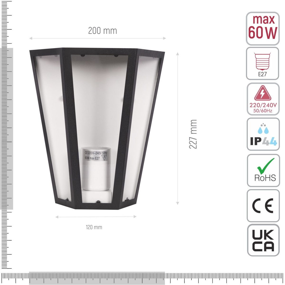 Technical specifications and measurements for Modern Lantern Trapezium Cuboid Wall Lamp Upward Base Matt Black&White Clear Glass E27