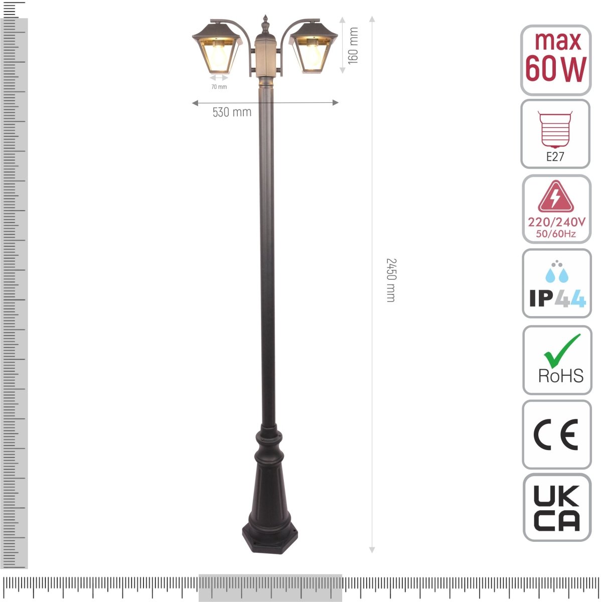 Technical specifications and measurements for Post Top Lamp Matt Black Clear Glass 2XE27 2.3M
