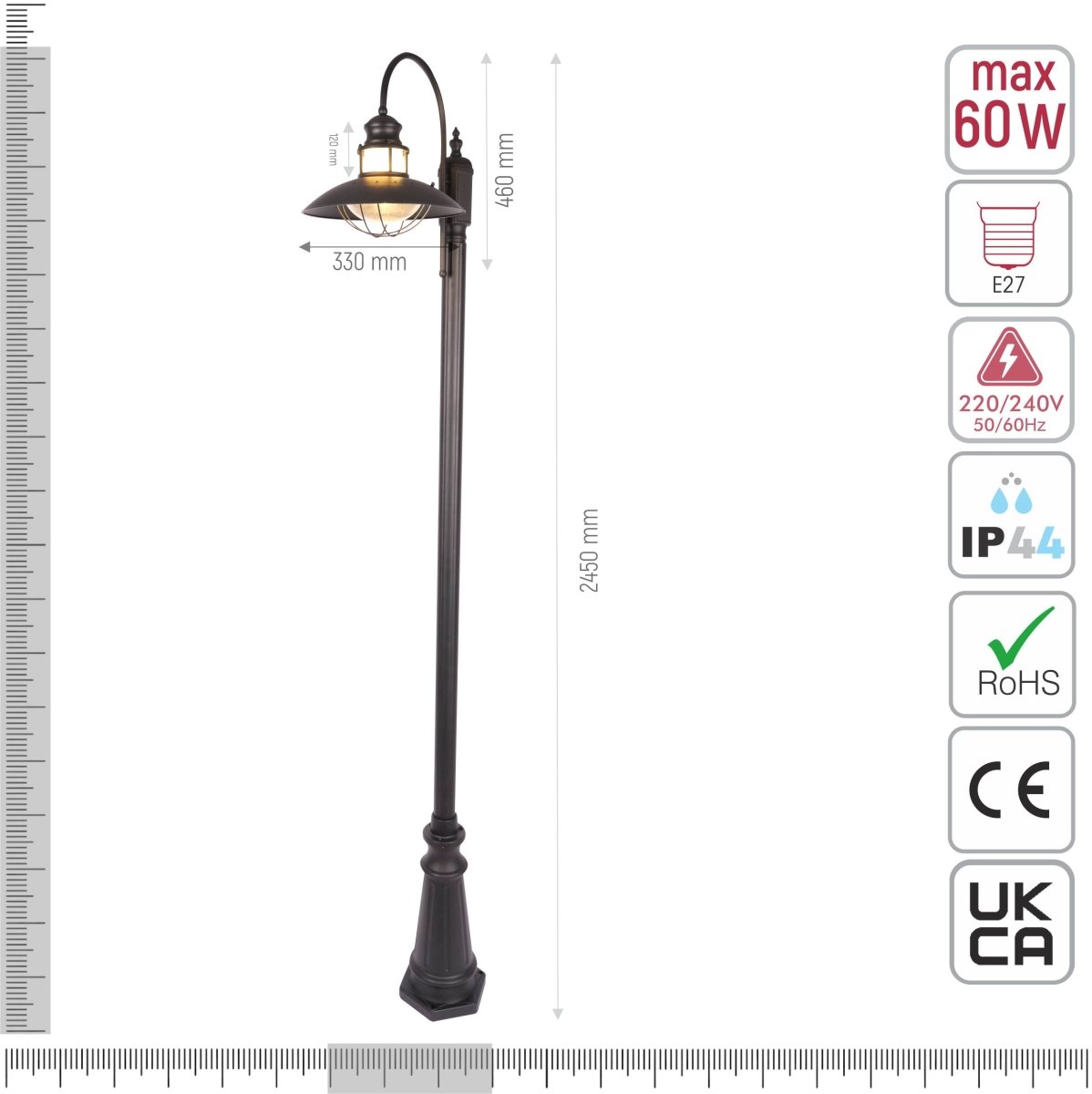 Technical specifications and measurements for Sunflower Post Top Lamp Matt Black Clear Glass E27 2.45M