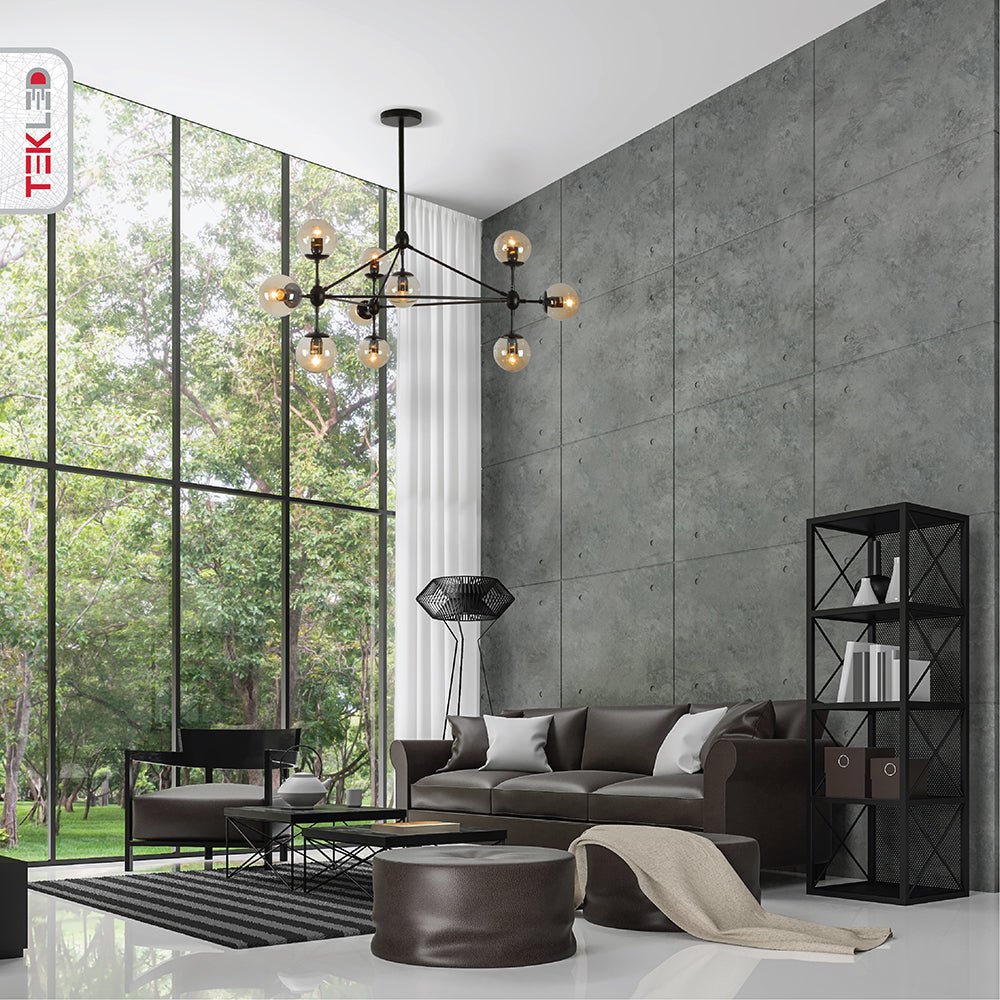 Black rod metal amber glass globe chandelier with 10xe27 fitting in indoor setting living room