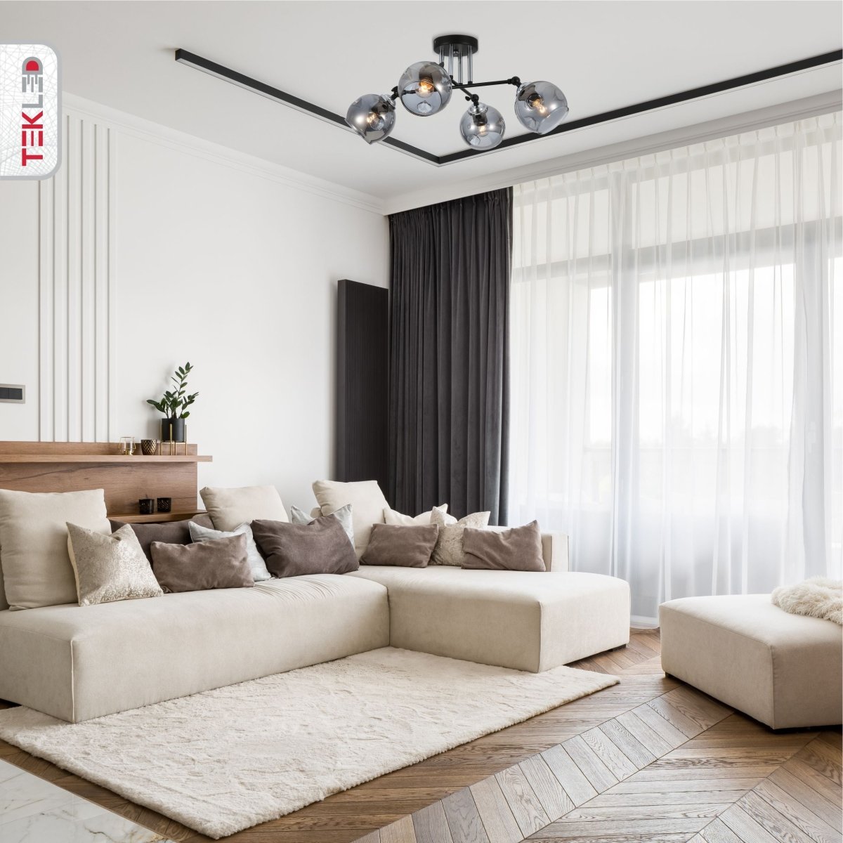 Smoky Glass Black And Chrome Semi Flush Ceiling Light 4Xe27 in indoor setting living room