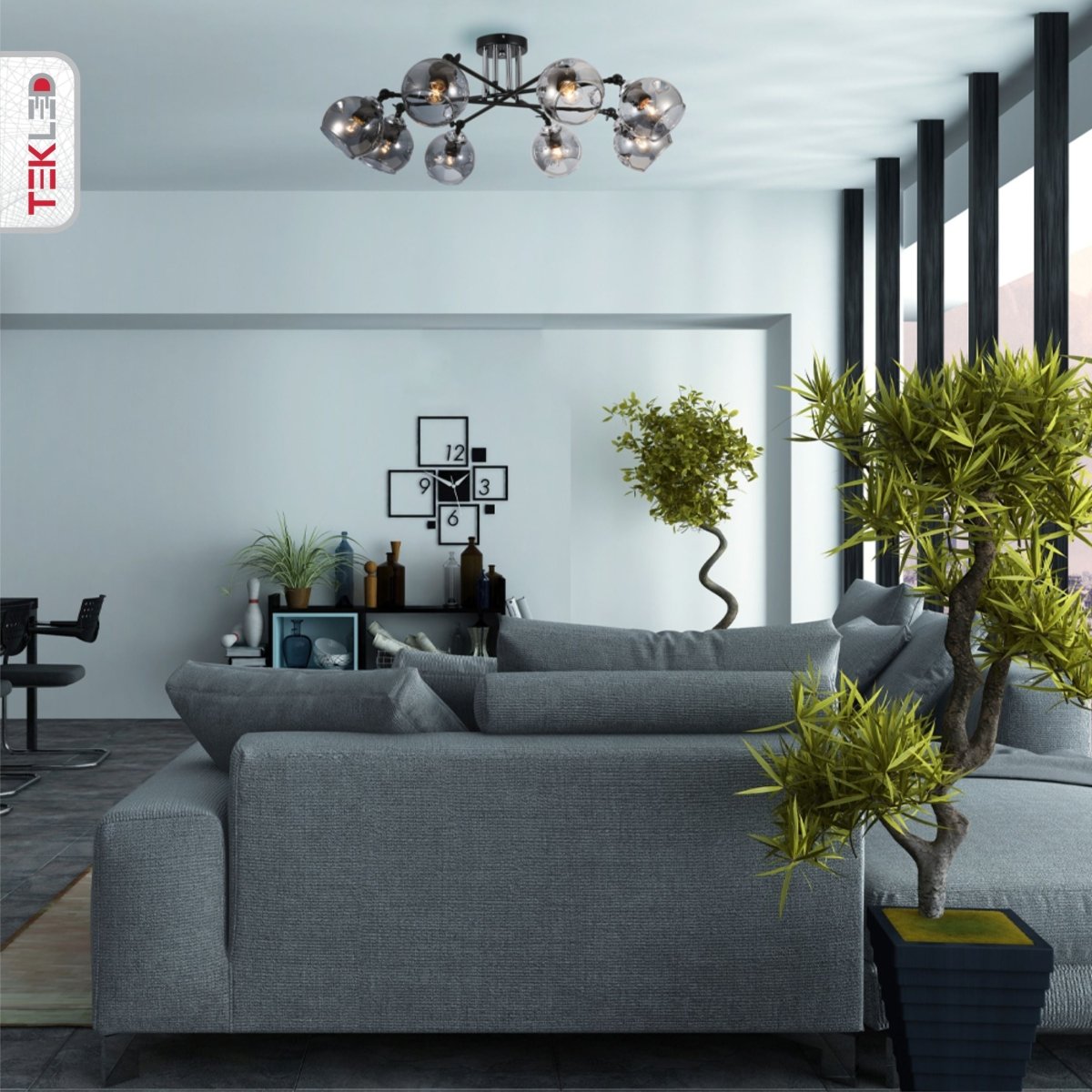 Smoky Glass Black And Chrome Semi Flush Ceiling Light 8Xe27 in indoor setting living room