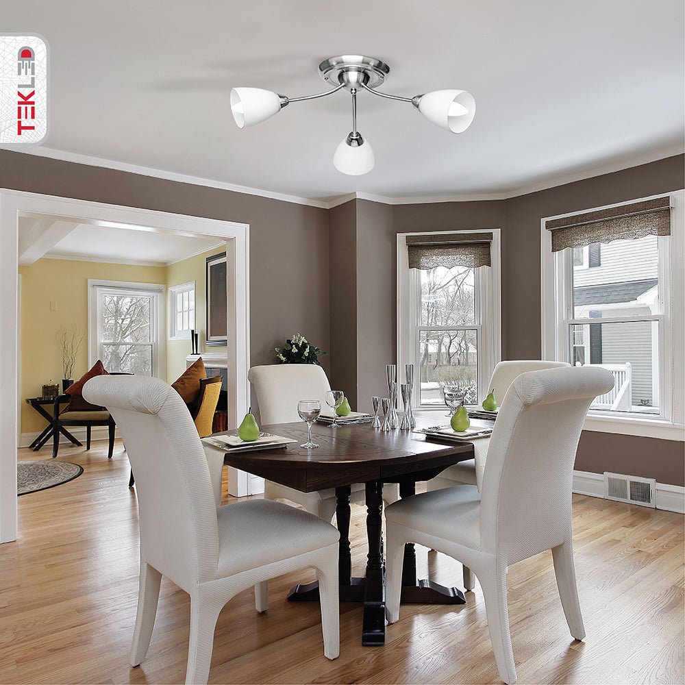 White glass chrome semi-flush ceiling light with 3xE27 fitting in indoor setting living room