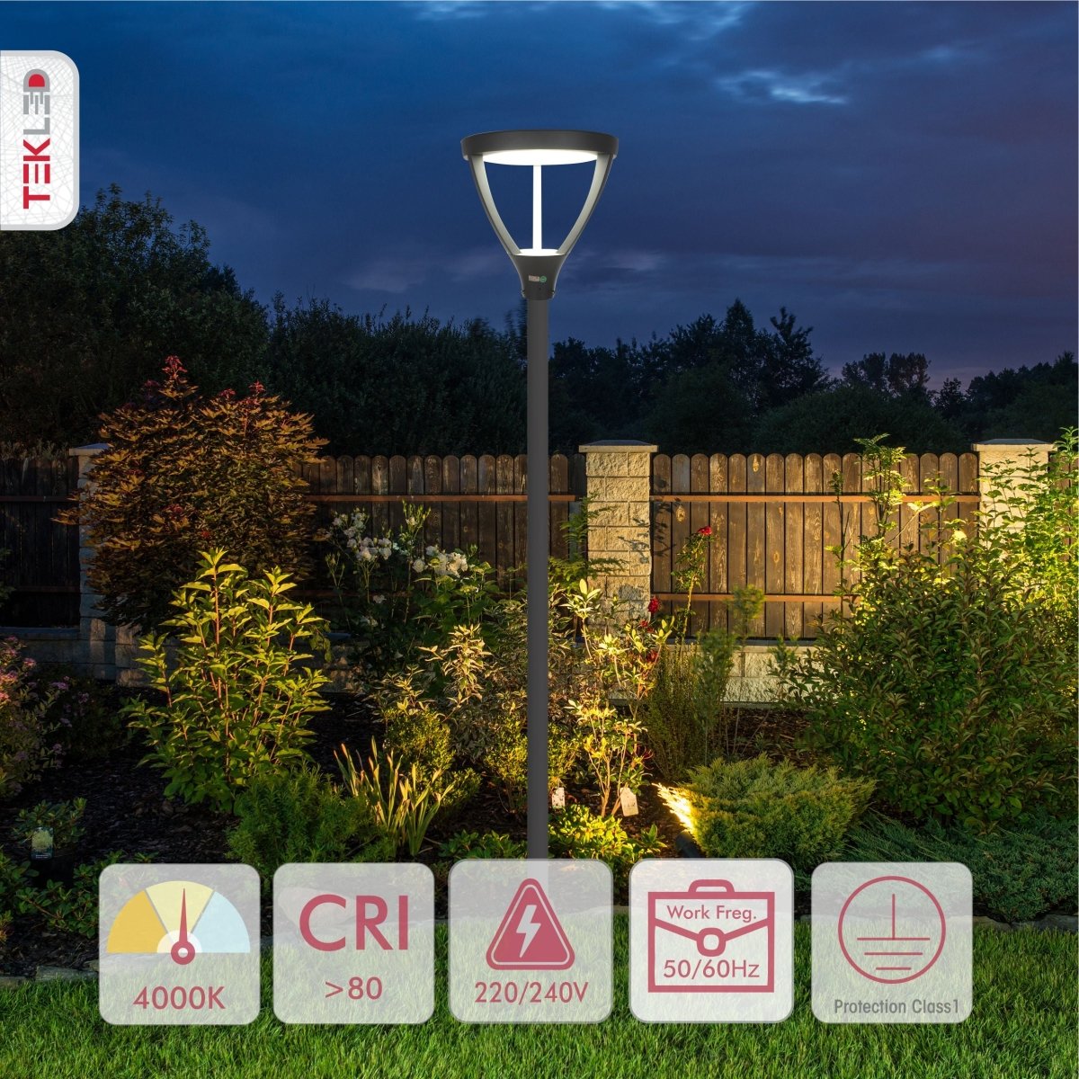 Led Tripod Lamp Post Top Light 50W 4000K Cool White Ip65 Dark Grey in outdoor setting colour specs