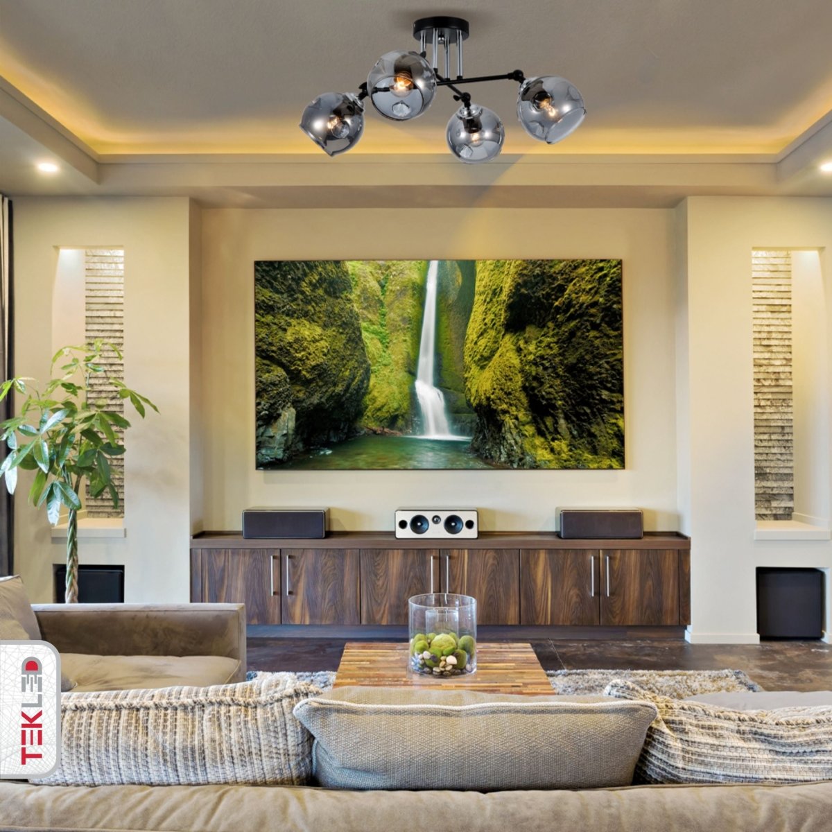 Smoky Glass Black And Chrome Semi Flush Ceiling Light 4Xe27 in indoor setting living room lobby