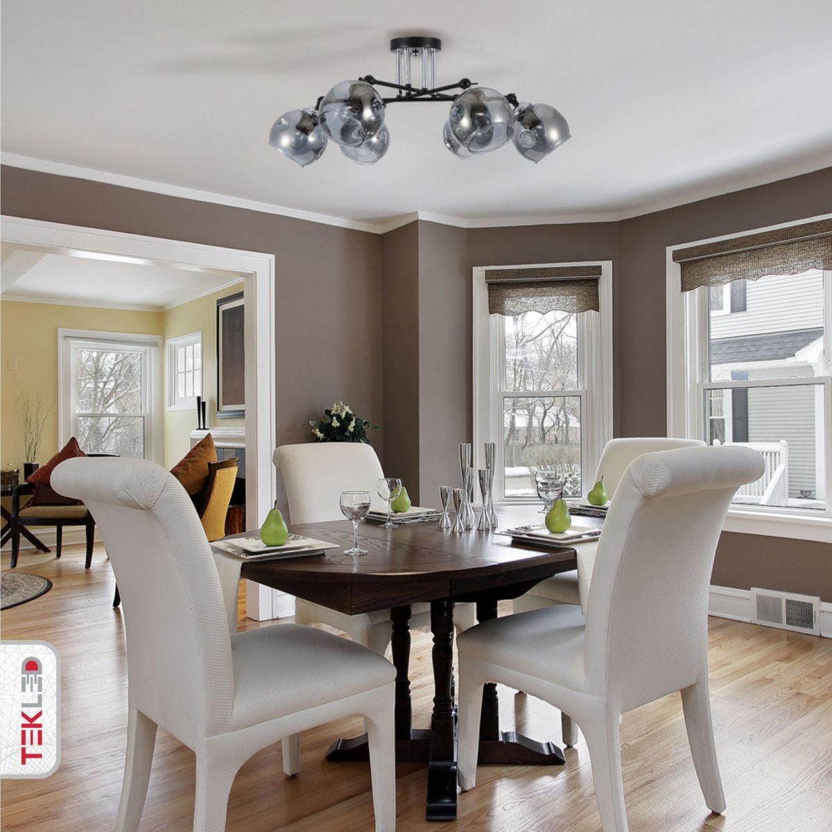 Smoky Glass Black And Chrome Semi Flush Ceiling Light 6Xe27 in indoor setting living room