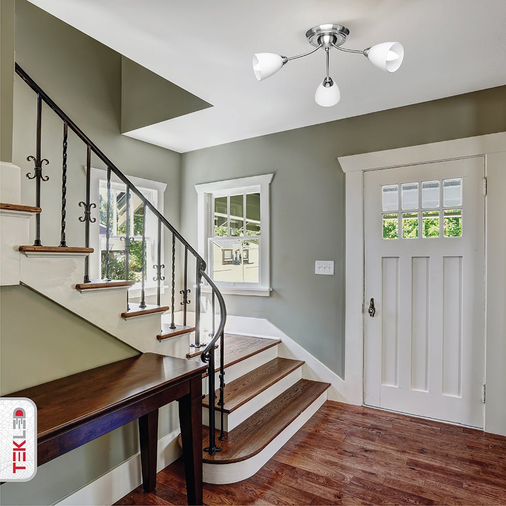 White glass chrome semi-flush ceiling light with 3xE27 fitting in indoor setting entrance halway