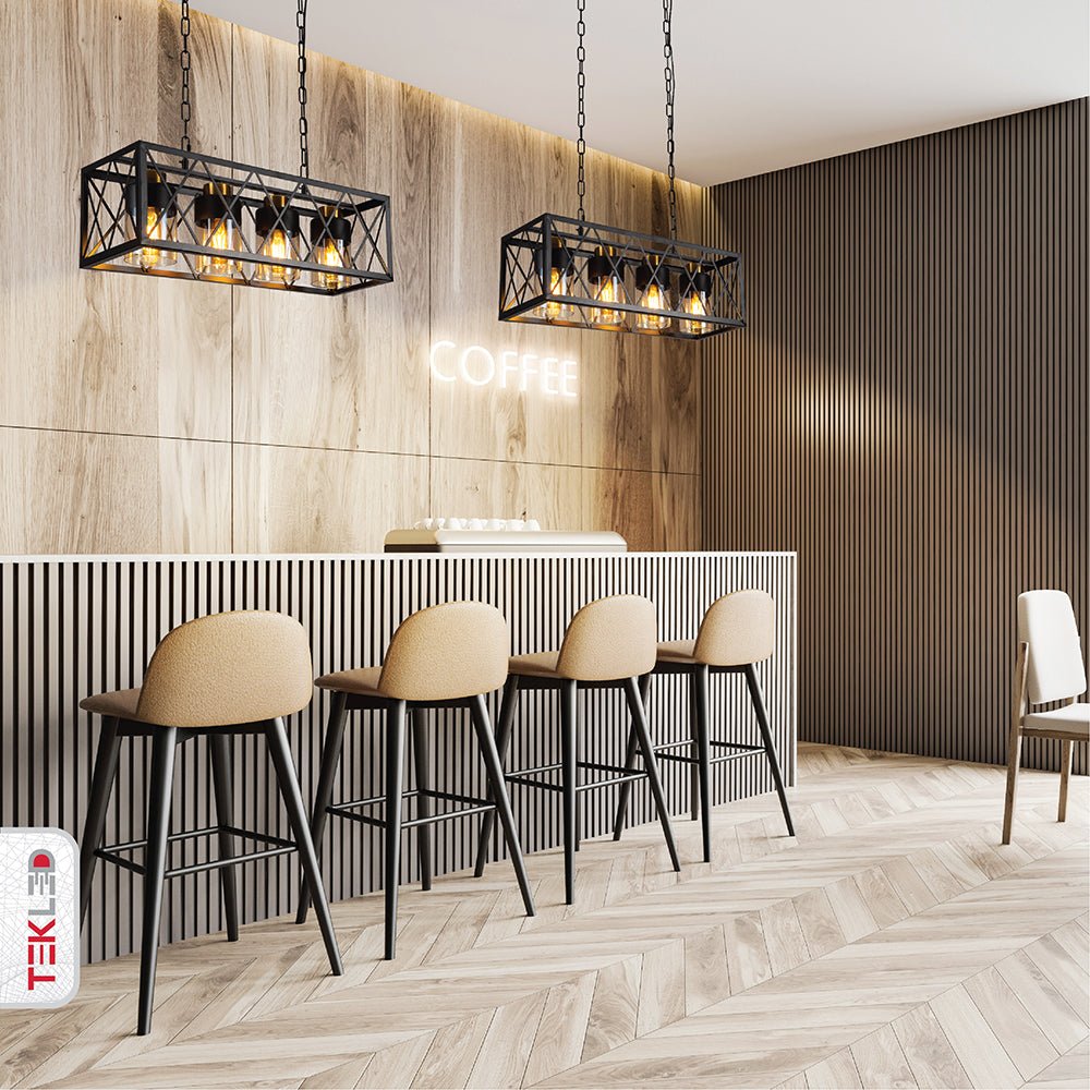 Black cuboid metal amber cylinder glass island chandelier with 4xe27 fitting in indoor setting kitchen island