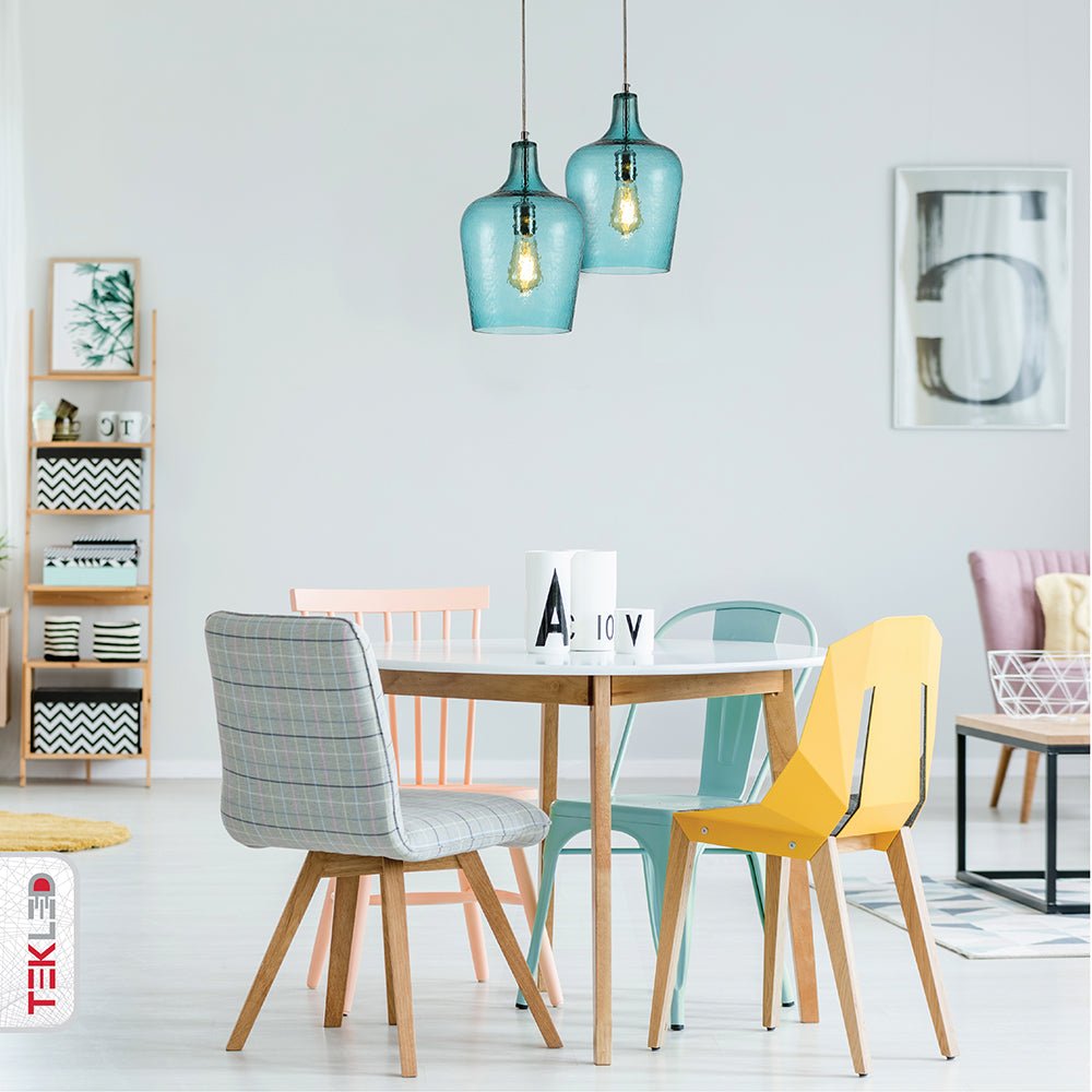 Blue frosted glass schoolhouse pendant light l with e27 fitting in indoor setting kitchen cafe