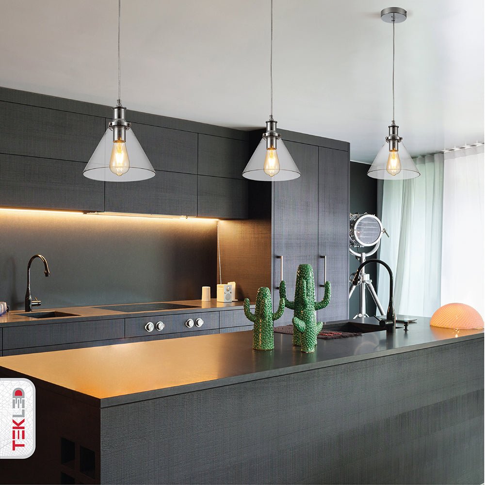 Chrome metal clear glass funnel pendant light with e27 triple use in kitchen island