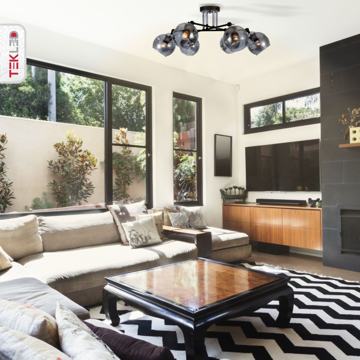 Smoky Glass Black And Chrome Semi Flush Ceiling Light 6Xe27 in living room