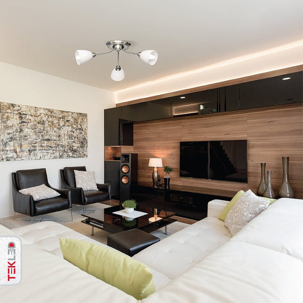 White glass chrome semi-flush ceiling light with 3xE27 fitting in indoor setting living room waiting room