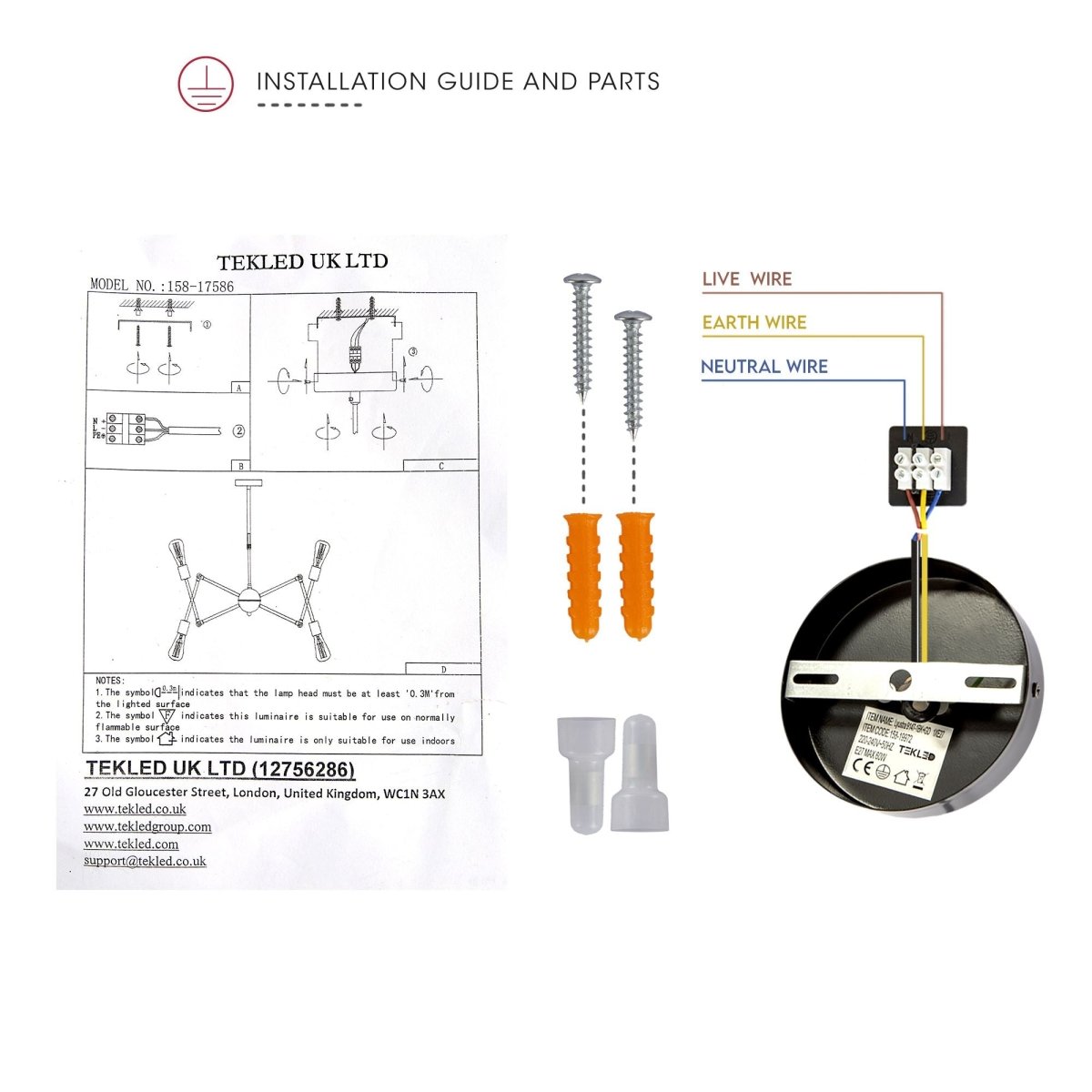 User manual and box content of black hinged rod metal spider chandelier with 12xe27 fitting