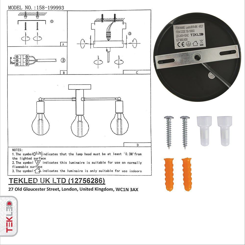 User manual and box content of black metal ceiling light with 4xe27 fitting