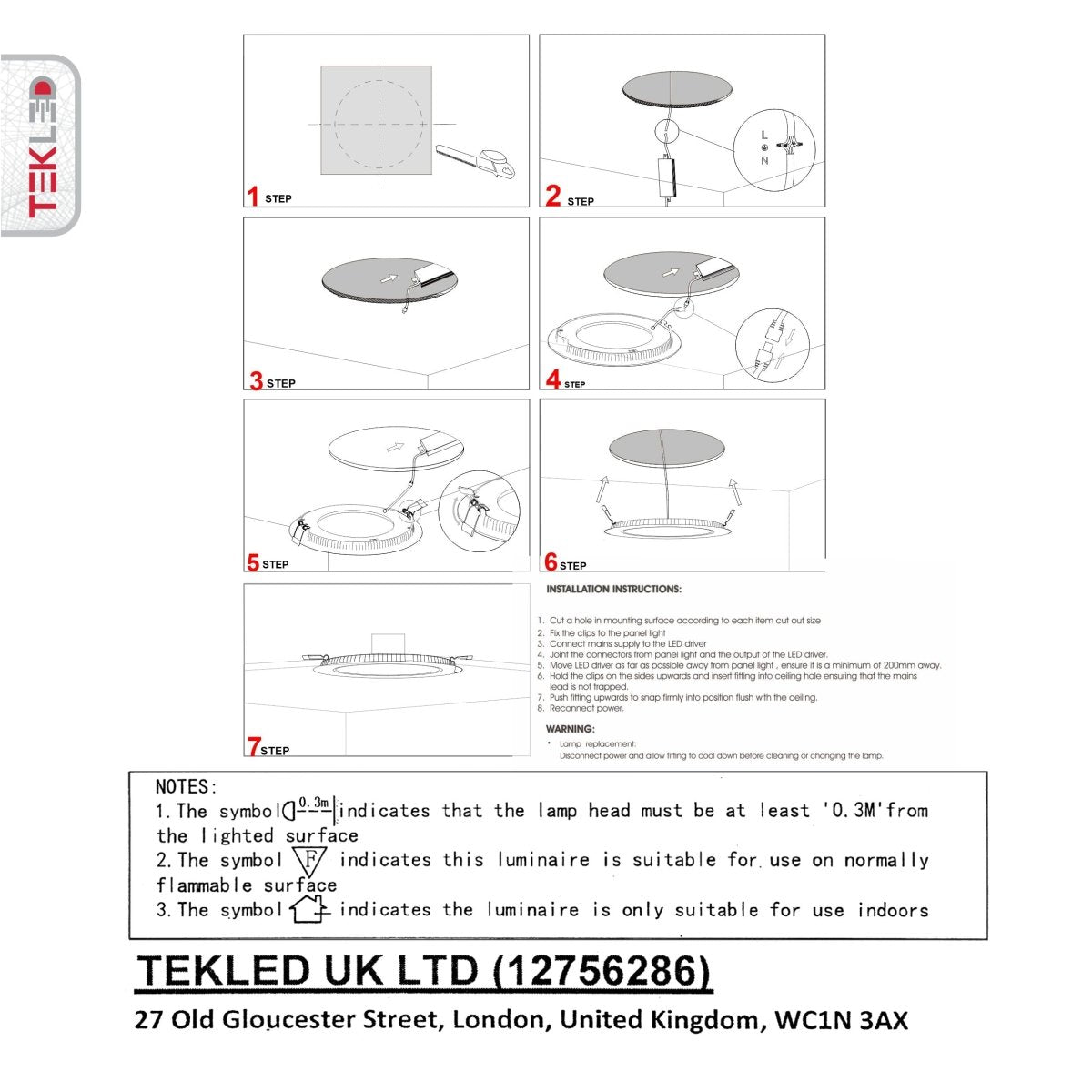 User manual and box content of downlight led round slim panel light 12w 3000k warm white d170mm