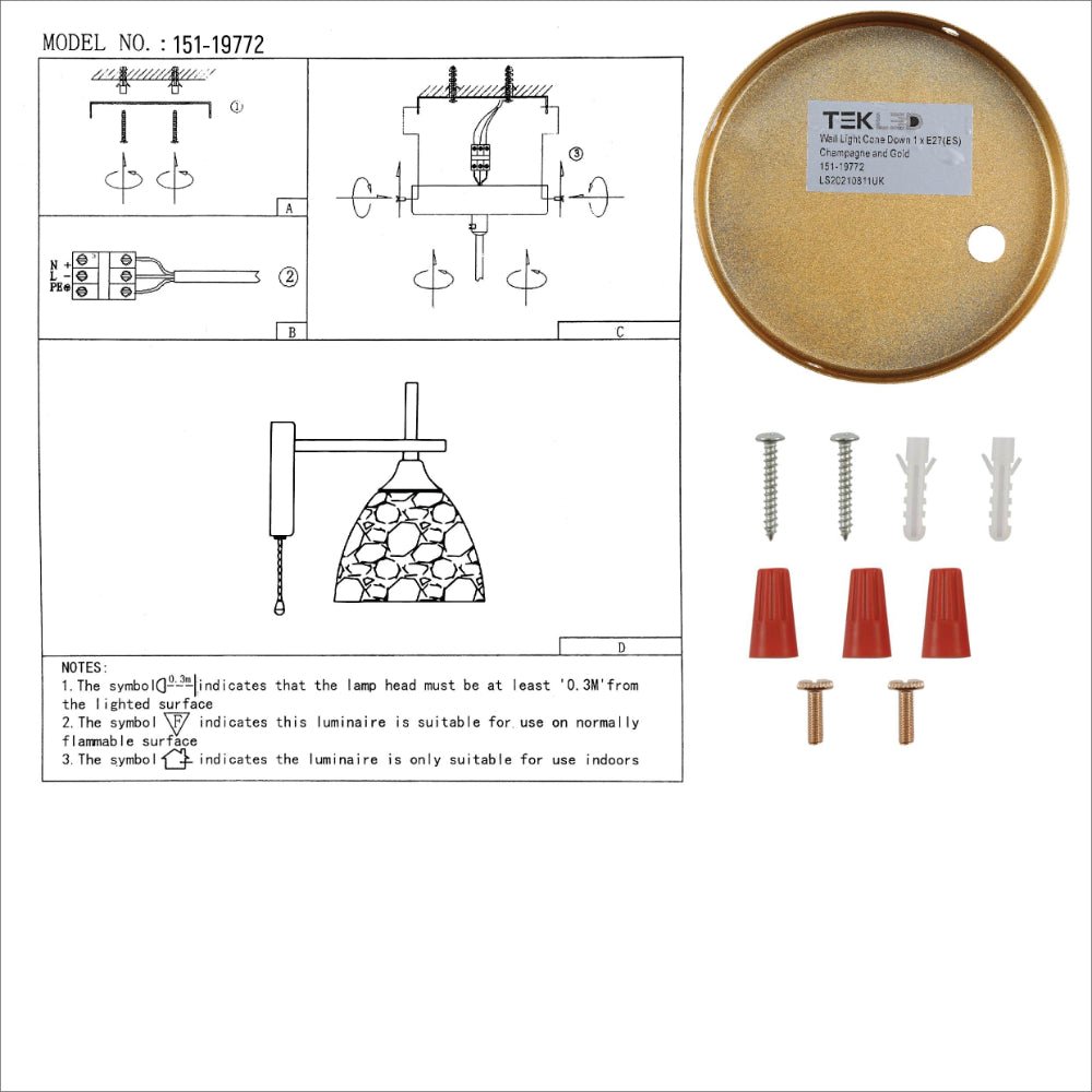 User manual for Amber Cone Glass Gold Wall Light E27 Pull Down Switch | TEKLED 151-19772
