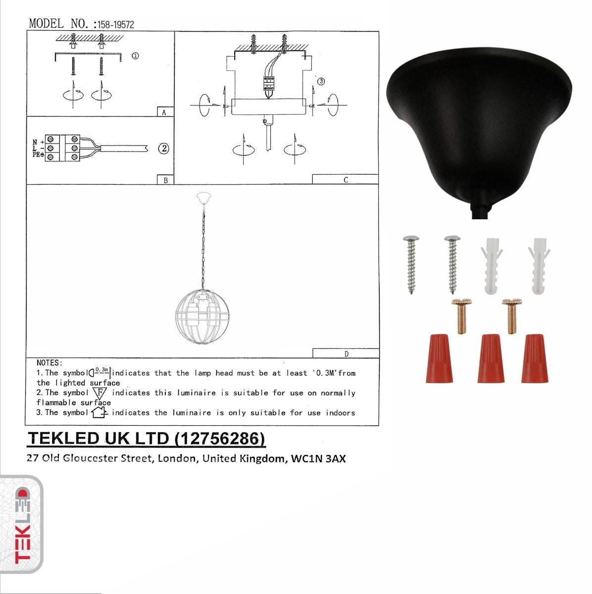 User manual for Amber Cylinder Glass Black Cage Metal Chandelier with 4xE27 Fitting | TEKLED 158-19572