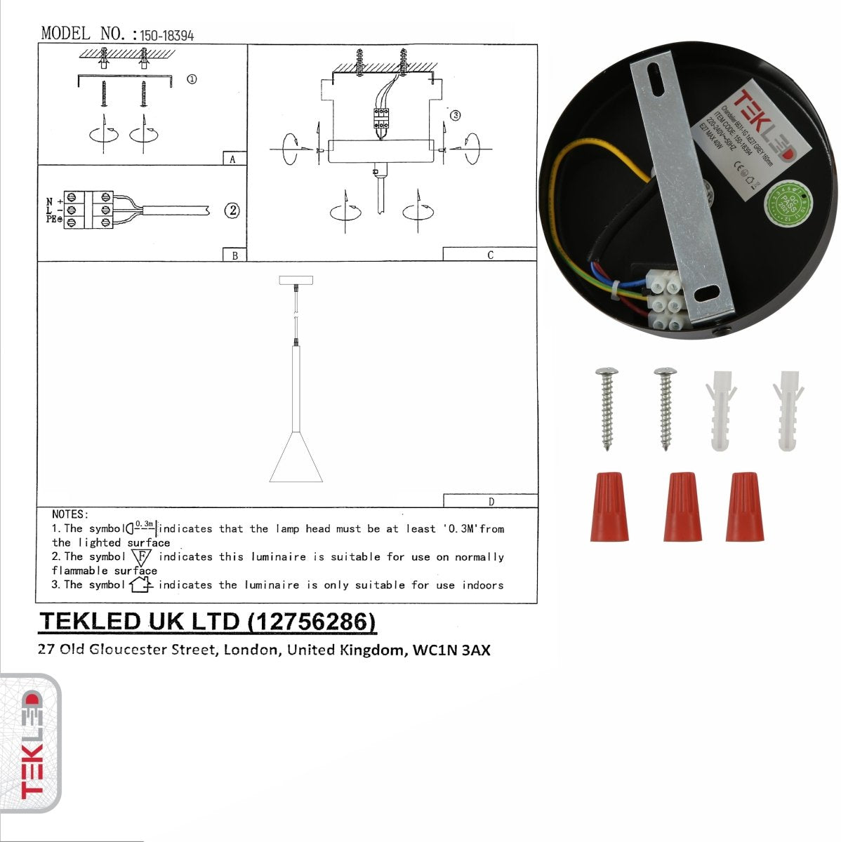 User manual for Black Funnel Nordic Modern Metal Ceiling Pendant Light with E27 Fitting | TEKLED 150-18394