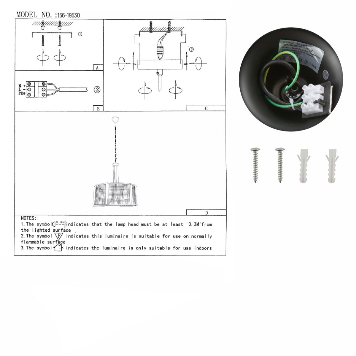 User manual for Black Metal Natural Wood Cylinder Cage Pendant Ceiling Light with 3xE27 | TEKLED 156-19530