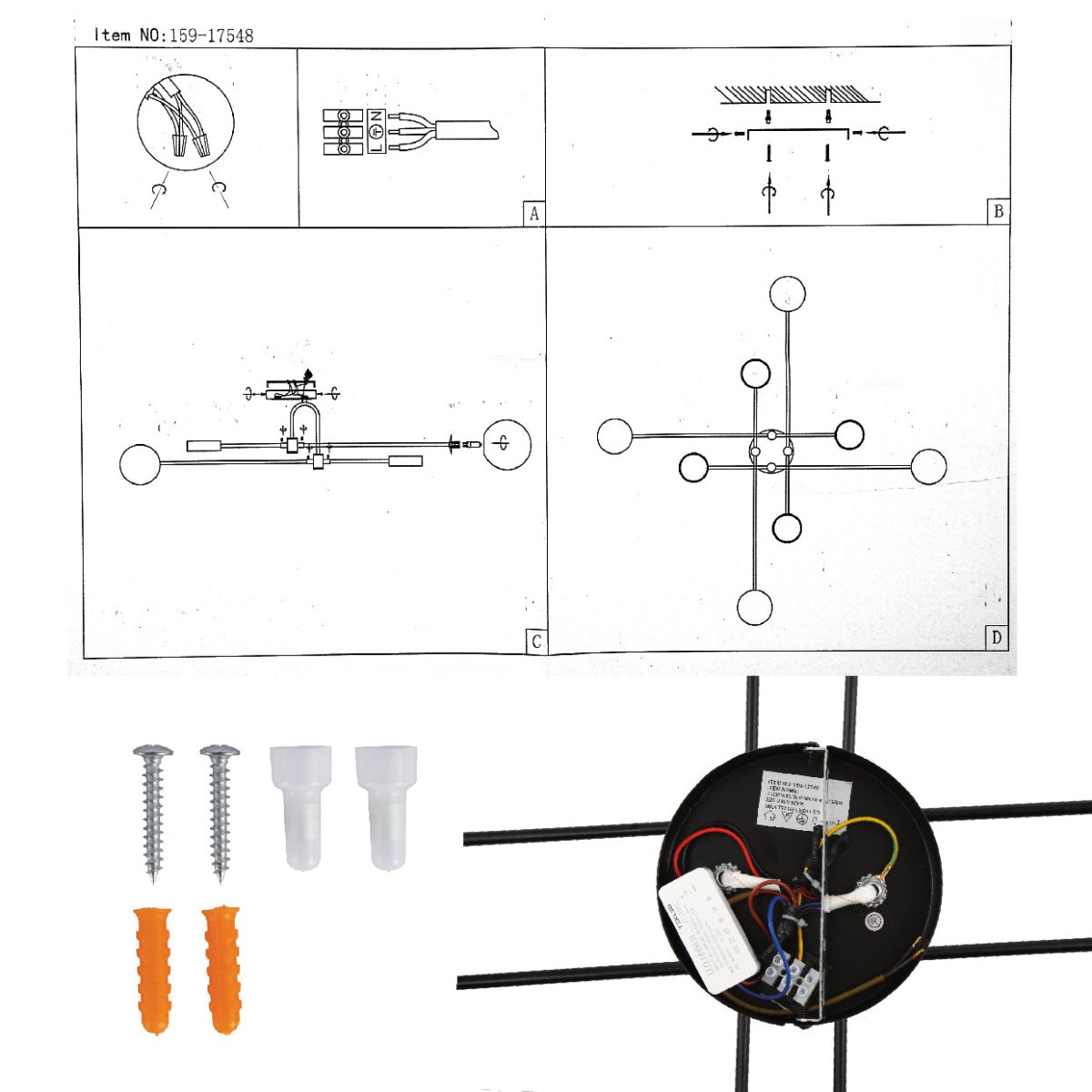User manual for Contemporary Hybrid Sputnik Modern Chandelier with 20W Built-in LED and 4xG9 Opal Globes Gold Black Finishing | TEKLED 159-17548