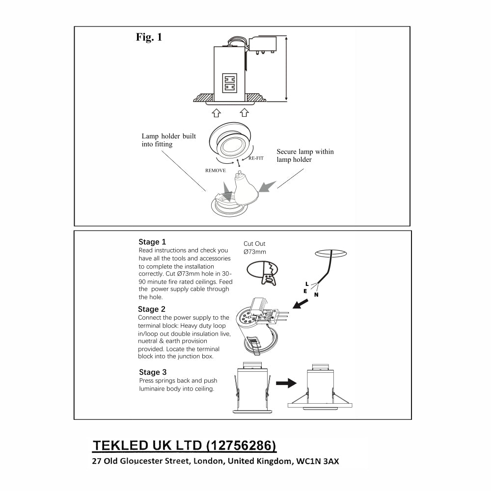 User manual for Fixed Diecast Aluminium Fire Rated Downlight Satin Nickel IP20 GU10 | TEKLED 143-03704