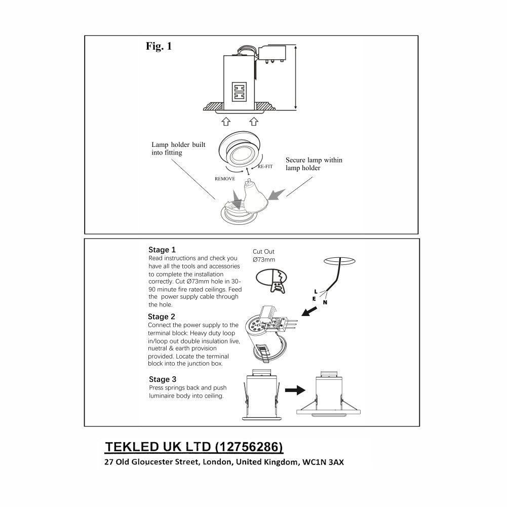 User manual for Fixed Pressed Steel Fire Rated Downlight Satin Nickel IP20 GU10 | TEKLED 143-03716