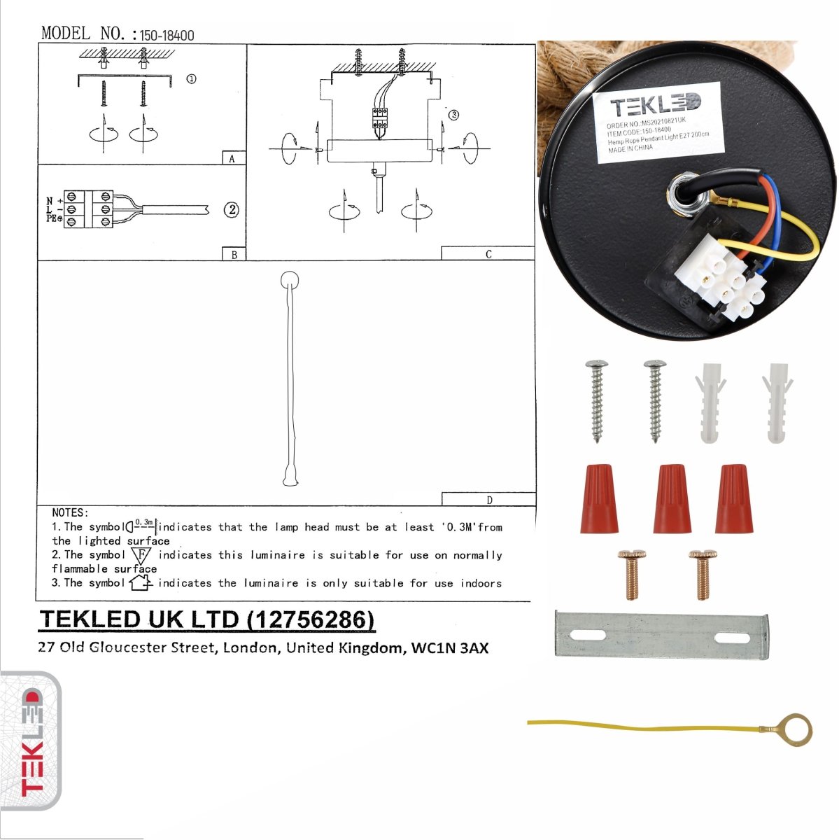 User manual for Hemp Rope Pendant Light with E27 Fitting 200cm | TEKLED 150-18400