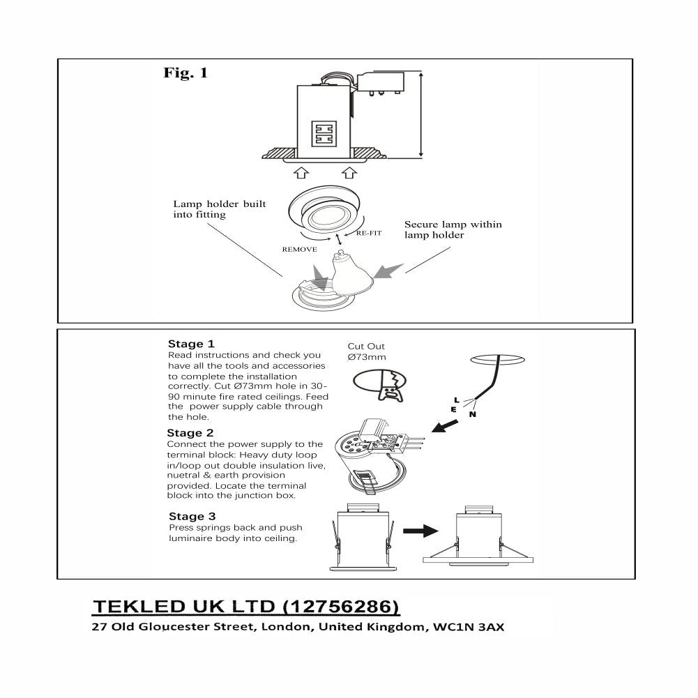 User manual for IP65 Fixed Diecasting Fire Rated Downlight Satin Nickel | TEKLED 143-03710