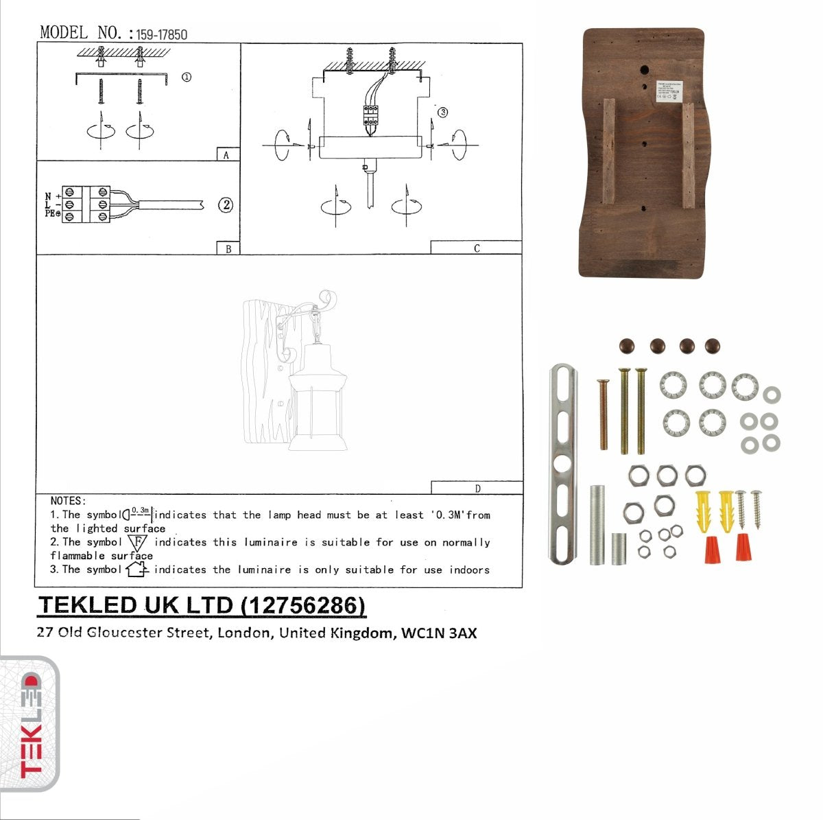 User manual for Iron and Wood Glass Cylinder Wall Light E27 | TEKLED 159-17850