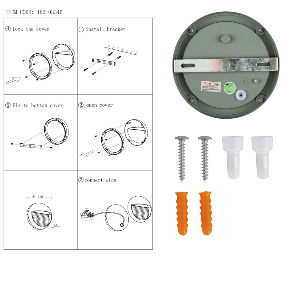 User manual for LED Diecast Aluminium Round Stair and Wall Light 5W Warm White 3000K IP54 Grey | TEKLED 182-03346