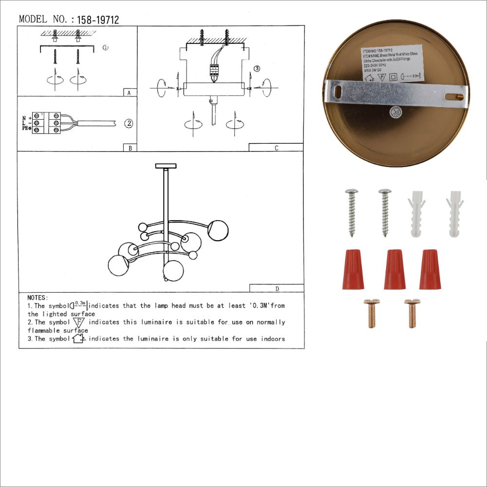 User manual for Mace Opal Globe Glasses Gold Metal Sputnik Chandelier Ceiling Light with 5xG9 Fittings | TEKLED 158-19712
