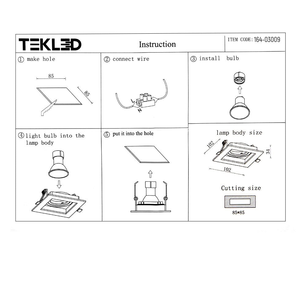 User manual for Polycarbonate Grill Tilt Recessed Downlight GU10 White or Black Single Double Triple | TEKLED 164-03009