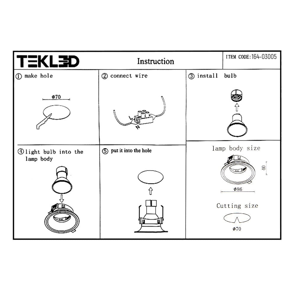 User manual for Round Anti Glare Polycarbonate Recessed Downlight GU10 White or Black | TEKLED 164-03005