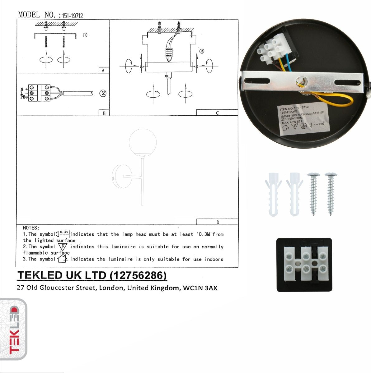 User manual for Smoky Glass Black Metal Wall Light with E27 Fitting | TEKLED 151-19712