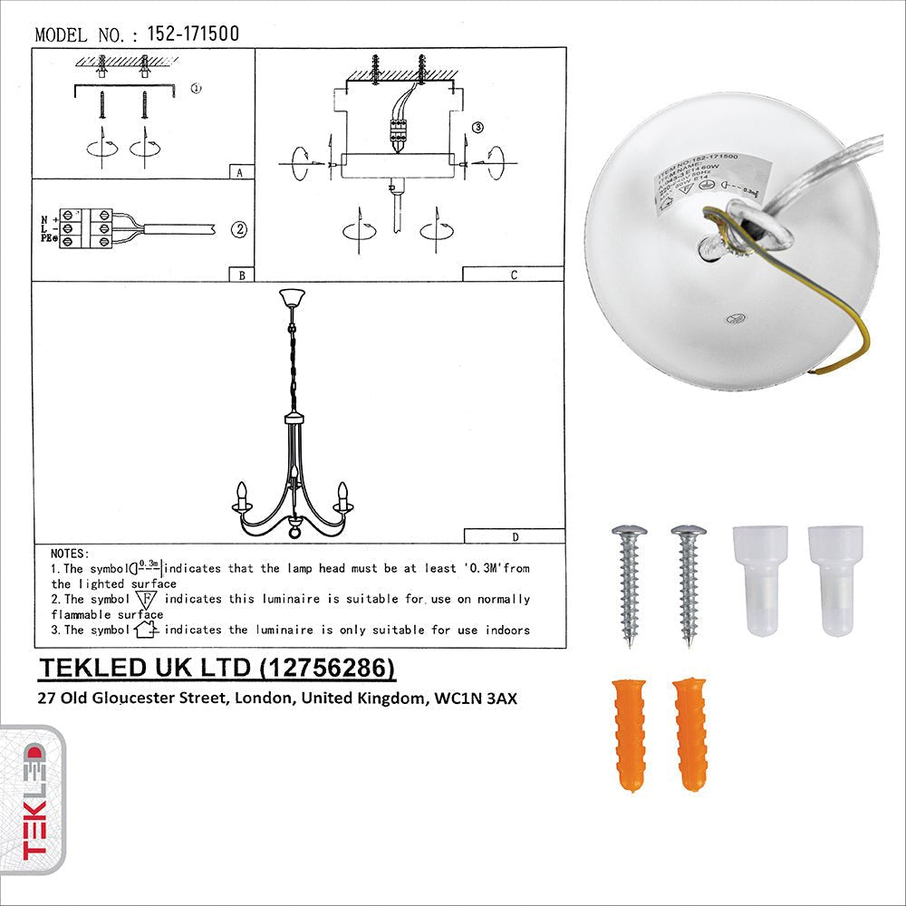 User manual and box content of white metal 3 arm chandelier with 3xe14 fitting