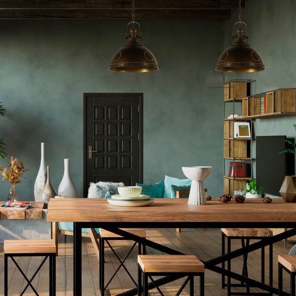 Where to use Vintage Industrial Dome Pendant Light with Rivet Detailing 150-19032