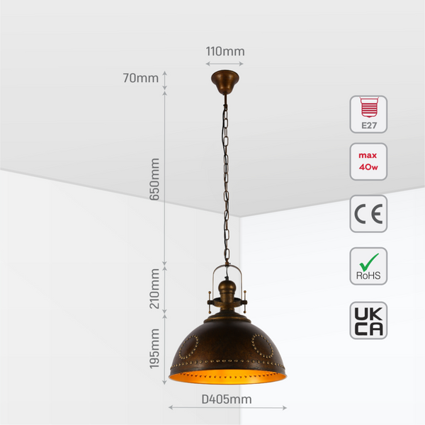 Size and certifications of Vintage Industrial Dome Pendant Light with Rivet Detailing 150-19032