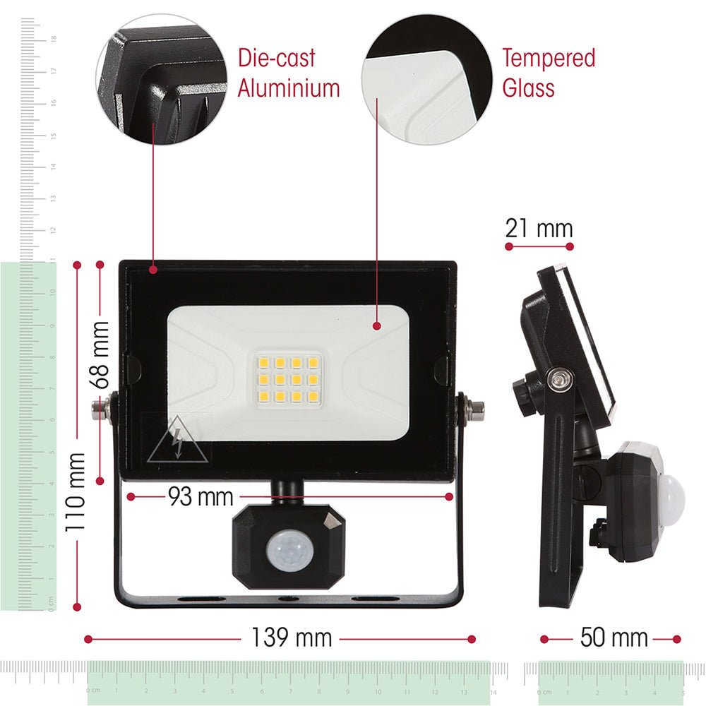 Dimensions of Pegasus Flood Light with PIR Motion Sensor 10W 4000K Cool White IP65